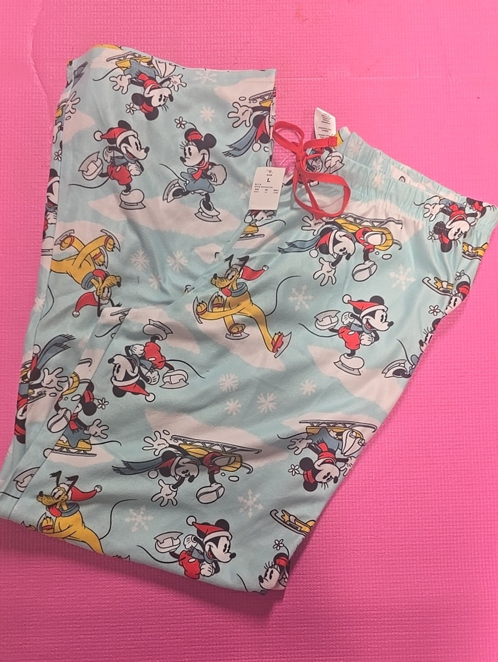NWT Disney Light Blue Holiday Character Pajama Pants with Red Drawstring